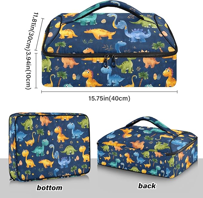 Casserole Carrier Playful Cartoon DinosaursInsulated Casserole Carrier for Hot or Cold Food Thermal Lunch Tote for Potluck Parties Picnic Beach Fits 9 x 13 Inches Baking Dish