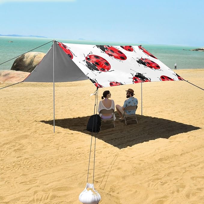 Lady Bug Pattern Beach Tent Sun Shelter 9.2' x 10.5' Beach Canopy with 4 Sandbags 4 Stability Poles Sand Shovels - Tent Canopy for Beach Camping Fishing Picnics