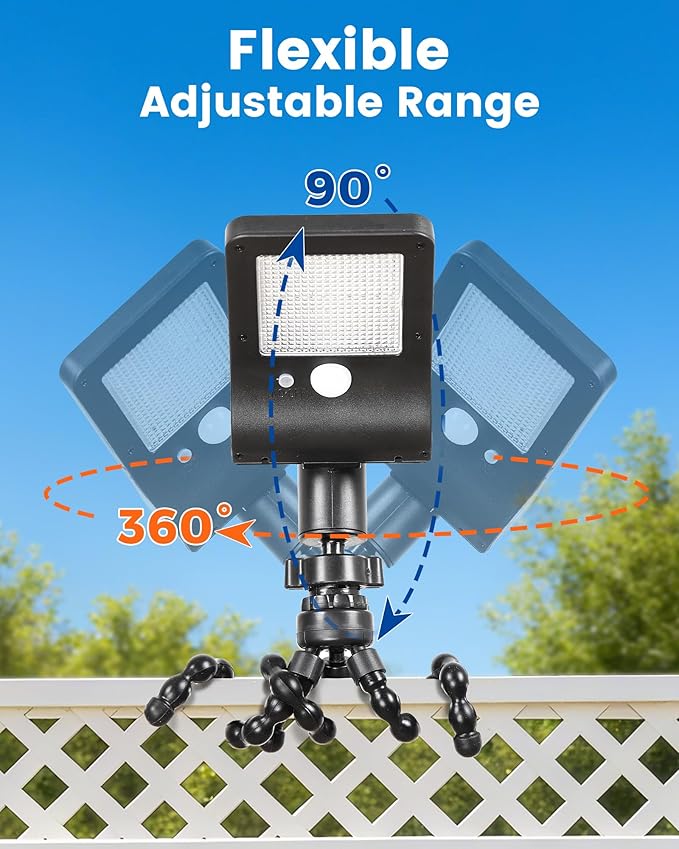 Solar Fence Lights Outdoor 60 LEDs Motion Sensor Security Light with Flexible Octopus Tripod 3 Lighting Modes Adjustable Angle for Fence Deck Camping Patio (4)