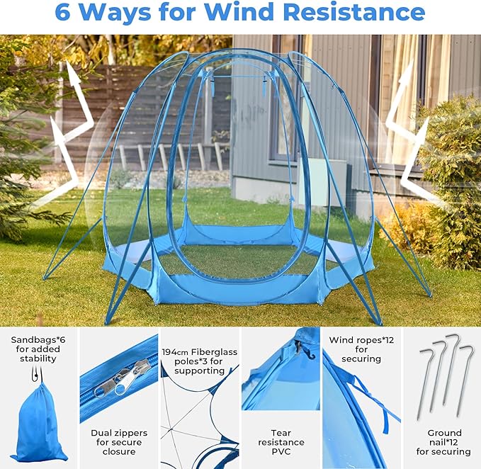 Pop Up Bubble Tent for 4-8 People - 10x10ft Large Oversize Weather Proof Pod - Cold Protection Camping Tent - Winter Instant Igloo Tent for Outdoor Activities Blue
