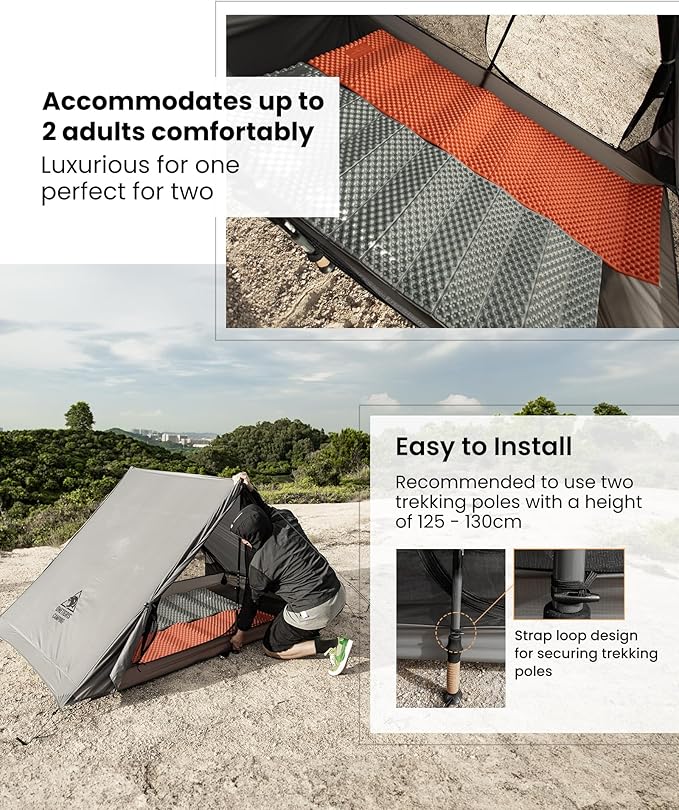OneTigris HILLRIDGE Backpacking Tent Waterproof Windproof 2 Person Tent 20D SIL-Coated Nylon Single Layer Ultralight 3 Season Tent for Camping Hiking Canoeing Travel