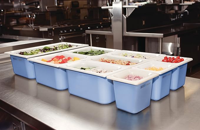 Carlisle FoodService Products Coldmaster Coolcheck Full Size Food Pan Insulated Food Pan with Refrigerant Gel Filling Plastic 15 Quarts White Blue
