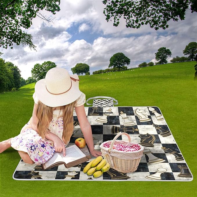 MNSRUU Picnic Blanket Waterproof Foldable Chess Black White Grid Large Outdoor Picnic Beach Camping Blanket Travel Mat Shoulder Strap Tote Rectangle 57x59in