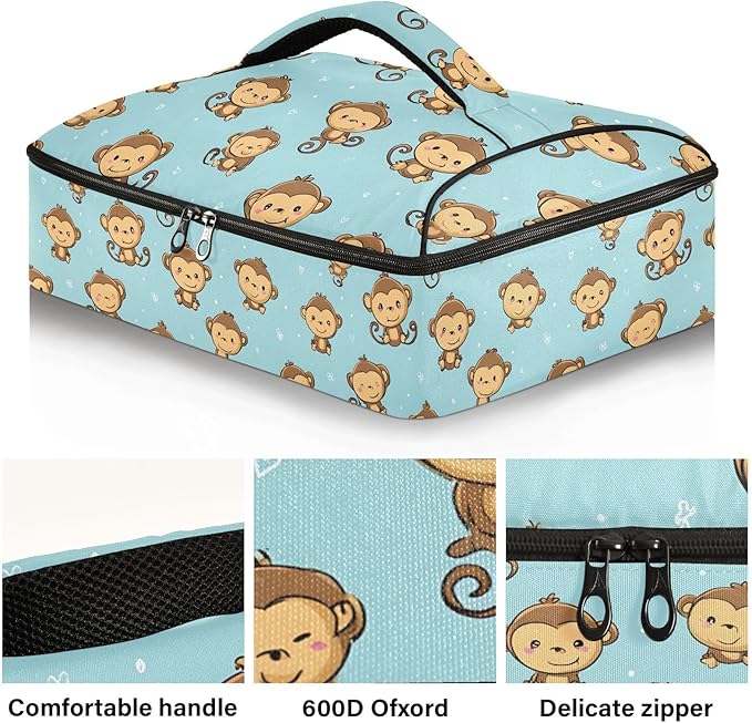 Casserole Carrier Monkey PatternInsulated Casserole Carrier for Hot or Cold Food Thermal Lunch Tote for Potluck Parties Picnic Beach Fits 9 x 13 Inches Baking Dish