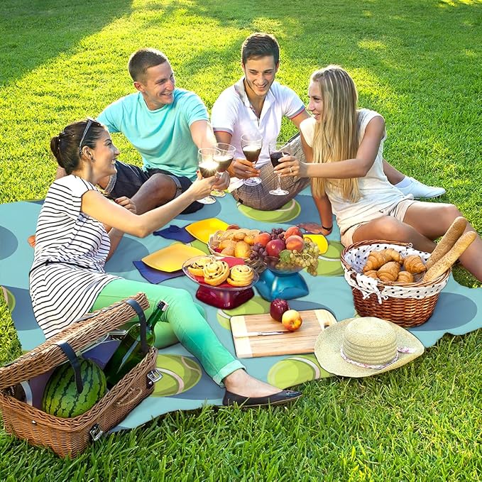 Waterproof Sandproof Beach Blanket 59''×68'' Tennis Polyester Outdoor Picnic Blanket with 4 Stakes &amp Storage Bag for BeachCampingVacation Green