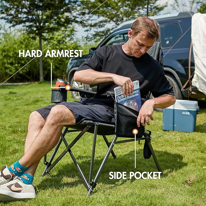 PORTAL Oversized Folding Camping Chair High Back Portable Lawn Chairs for Adults Outdoor Sports with Hard Armrest Cup HolderSupports 400LBS Black