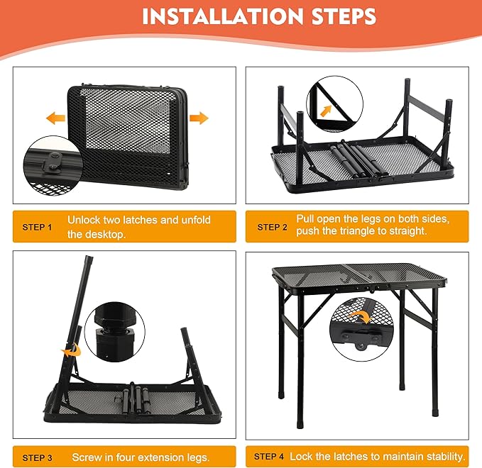 Camping Table with Mesh Desktop Lightweight &amp Portable Folding Grill Table Height Adjustable Metal Outdoor Table for Camp Cooking BBQ RV Picnic-4 FT Black