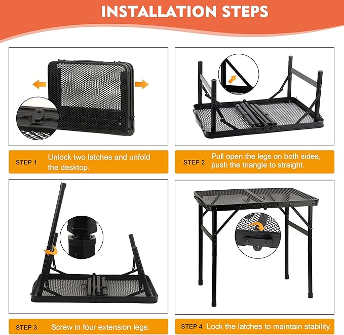 Camping Table with Mesh Desktop Lightweight &amp Portable Small Folding Grill Table Height Adjustable Metal Outdoor Table for Camp Cooking BBQ RV Picnic-2 FT Black