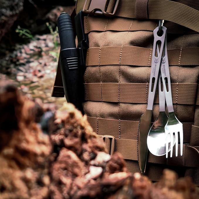SILVERANT Titanium Camping Flatware Titanium Spork Spoon Chopsticks Knife Straw Cutlery Set PortableTableware for Lunch Box Outdoor &amp Hiking Comes with Drawstring Bag &amp Carabiner- Polished