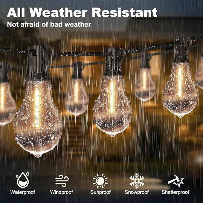 50FT Outdoor String Lights Waterproof with 32+2 Bulbs (1.5FT Bulbs Spacing) Remote &amp Dimmer Commercial Patio String Lights with 3 Mode Light &amp Timing 50PC Mounting Ties for Outside