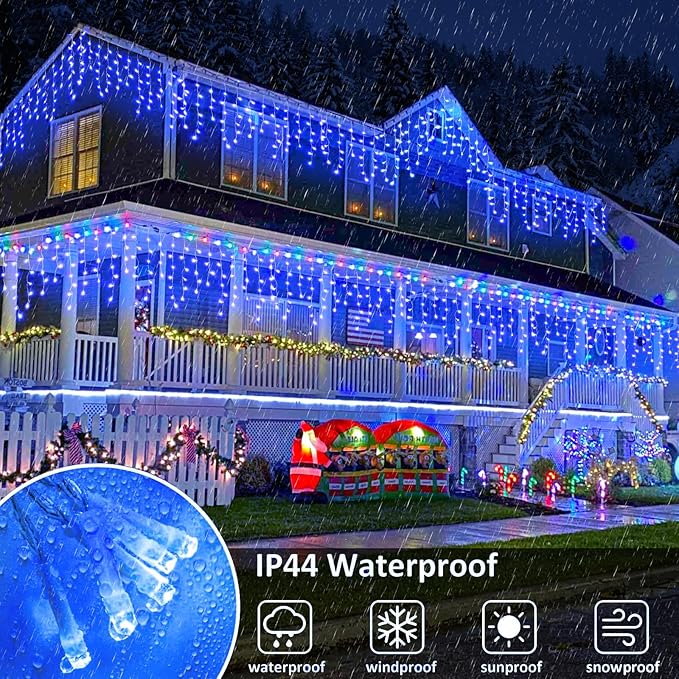 Icicle Lights for Outside 98FT 1216 LED Icicle Christmas Lights Outdoor with 228 Drops 8 Modes Waterproof String Twinkle Light for Indoor Bedroom House Holiday Party Wedding Decorations Blue