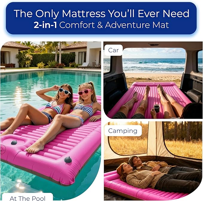 Premium Double Sleeping Pad for Camping - Camping Mattress 2 Person XL with Built-in Pump - 6.9 Thick Camping Beds for Adults - Indoor Beach &amp Pool Use