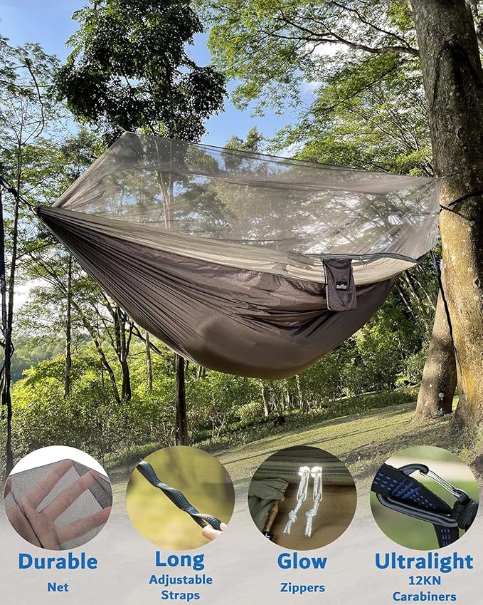 Sunyear Camping Hammock Portable Single &amp Double Hammock with Net 2 Person Hammock Tent with 2 * 10ft Straps Best for Outdoor Hiking Survival Travel