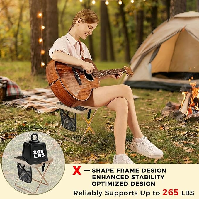 Portable Collapsible Stool - Folding Chair with Storage Pouch Convertible Satchel for Hands-Free Carry &amp Supports 265Lbs Ultralight for Hiking Fishing Camping Festivals (Khaki)