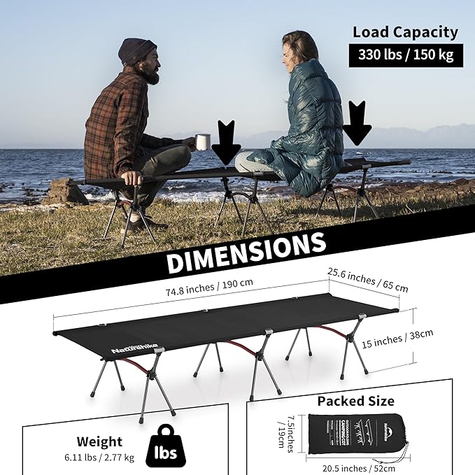 Naturehike ArmyWild Folding Camping Cot Height Adjustable Ultralight Backpacking Cot Portable Camping Bed for Camping Hiking Travel Home
