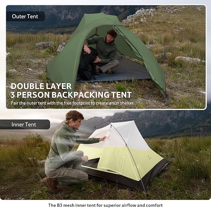 Naturehike Cloud Up 3 Person Backpacking Tent with Footprint - 3 Season Free Standing Lightweight 3 Person Camping Tent | with Footprint Free Standing Dome Camping Hiking Waterproof
