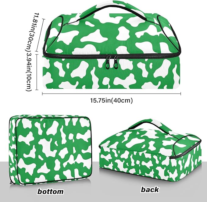 Casserole Carrier Green and White Cow Print PatternInsulated Casserole Carrier for Hot or Cold Food Thermal Lunch Tote for Potluck Parties Picnic Beach Fits 9 x 13 Inches Baking Dish