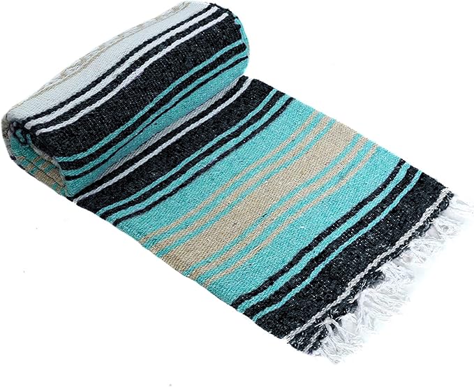 La Montana Mexican Blankets and Throws 4 Pack 74x50 - Made in Mexico Lightweight Yoga Blanket for Schools Studios Outdoors Camping Picnic Decor - Machine Washable Mint/Tan/Navy