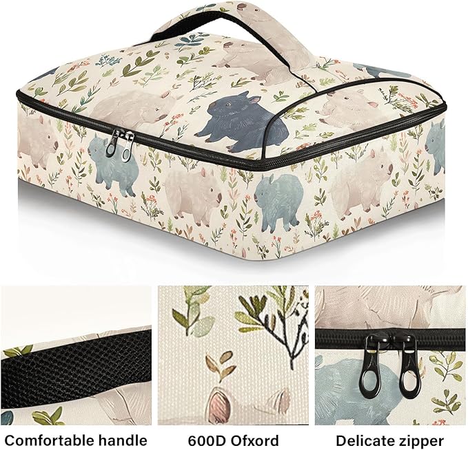 Casserole Carrier Cute Wombats PatternsInsulated Casserole Carrier for Hot or Cold Food Thermal Lunch Tote for Potluck Parties Picnic Beach Fits 9 x 13 Inches Baking Dish