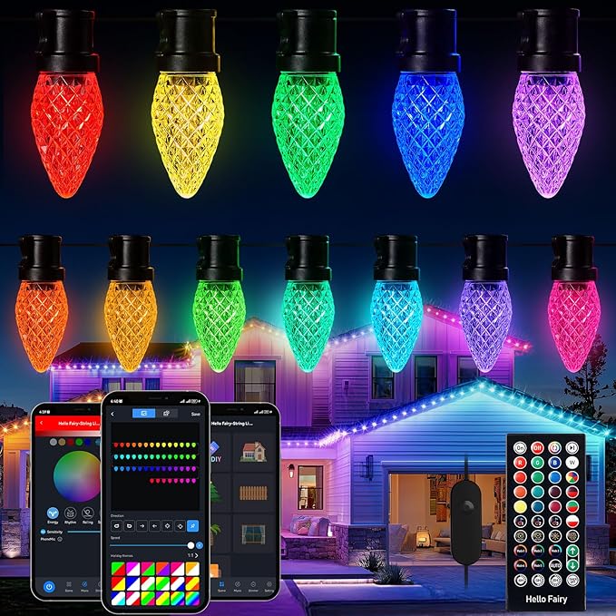 Brightown Smart C9 LED Christmas Lights 150 LED RGB C9 String Light with Remote App Control Music Sync Connectable Waterproof Outdoor Christmas Lights for House Tree Patio Holiday Xmas Decor