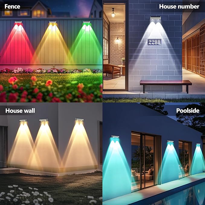 Brizled White Solar Fence Lights Outdoor 11 Modes &amp 9 Colors Color Changing Solar Wall Lights 100 Lumens IP65 Waterproof Outdoor Deck Lighting for Railing Wall Fence Poolside 8 Pack