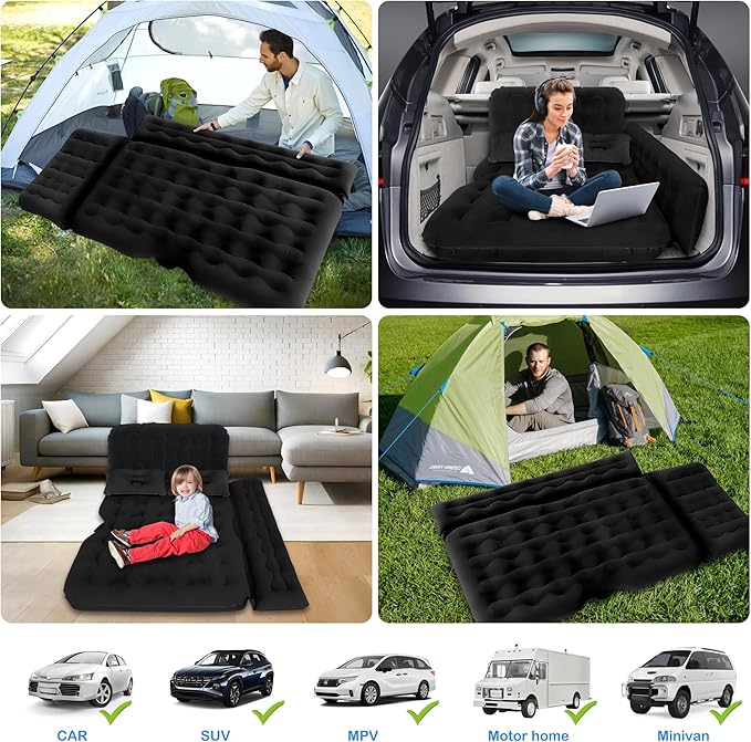 Smileagle Inflatable SUV Air Mattress Back Seat Camping Bed Thickened Car Sleeping Pad for Travel with Car Air Pump &amp 2 Pillows (Black)
