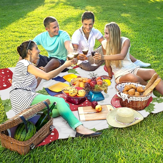 Waterproof Sandproof Beach Blanket 59''×68'' Holiday Apple Polyester Outdoor Picnic Blanket with 4 Stakes &amp Storage Bag for BeachCampingVacation White