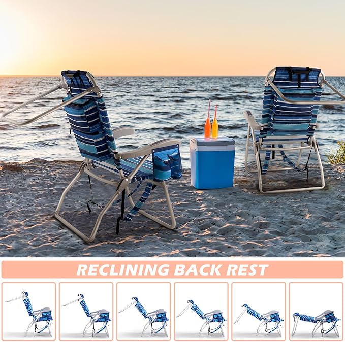 Backpack Beach Chairs for Adults - Folding Heavy Duty High Camping Chair with Storage Pouch Cup Holder &amp Towel Rack Adjustable Lounge Chair for OutdoorTravel (1pack /High Back Blue Strap)