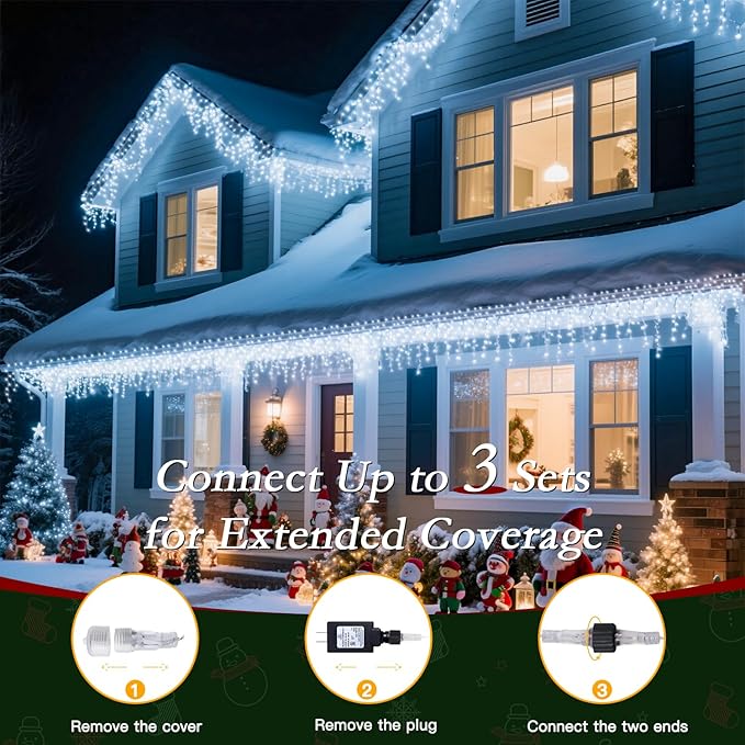 32ft Christmas Icicle Lights 396 LED Outdoor/Indoor Cool White Curtain Lights with 8Modes Plug in Waterproof String Lights for Holiday Wedding Garden Decorations