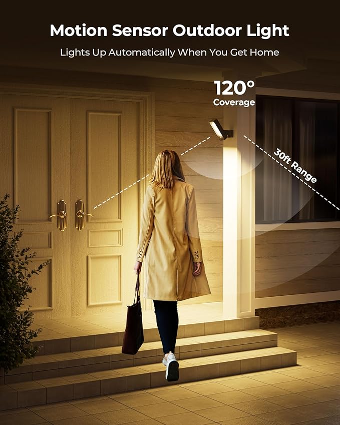 2 Pack Motion Sensor Outdoor Lights 10000mAh Rechargeable 600 Lumen Battery Operated Outdoor Wall Lights with 3 Modes 3 Colors IP65 Waterproof Outdoor Security Lights for Fences Garage Patio