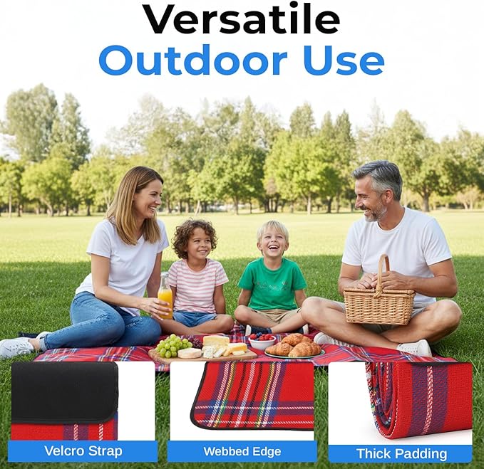scuddles Extra Large Picnic Blanket – 59 x 53 Waterproof &amp Sandproof Outdoor Mat with Soft 3-Layer Comfort Foldable Design &amp Carry Strap for Beach Camping Travel Parks &amp Family Picni