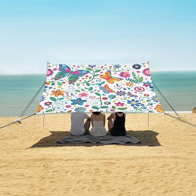 Colorful Butterfly Beach Tent Sun Shelter 9.2' x 10.5' Beach Canopy with 4 Sandbags 4 Stability Poles Sand Shovels - Tent Canopy for Beach Camping Fishing Picnics