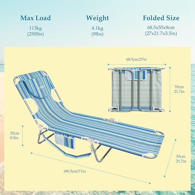 Beach Lounge Chair Outdoor Chaise Lounger with Face Hole 5-Position Reclining Beach Chair Face Down Tanning Chair with Carry StrapSide Pocket Portable Camping Cot for PatioPoolside