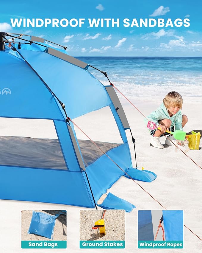 OutdoorMaster Beach Tent with Blackout Shelter Technology Portable Sun Shade Shelter 4 Person Pop Up Beach Tents with UPF 50+ UV Protection 9.5mm Thick Pole 3 Ventilating Mesh Windows -Blue