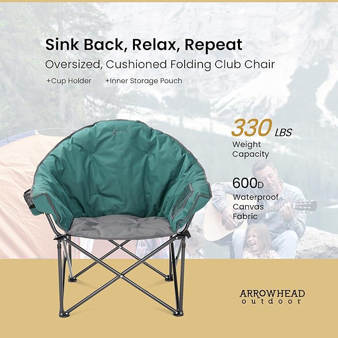 ARROWHEAD OUTDOOR 2-Pack Oversized Heavy-Duty Club Folding Camping Chair w/Pocket Cup Holder Portable Padded Moon Round Saucer Supports 330lbs