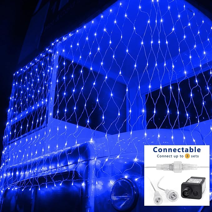 Joomer Christmas Net Lights - 12FT x 5FT 360 LED Plug-in Mesh Lights Waterproof with 8 Modes Timer Connectable for Bushes Trees Garden Outdoor Christmas Decor (Clear Wire Blue)