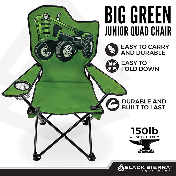 Black Sierra Folding-Lawn Chair for Camping Beach Backyard Sporting Events. for Kids Ages 3-10. Comes with Cup Holder and Carry Bag. Portable-Chair for Travel Supports 150 Lbs. (Big Green)