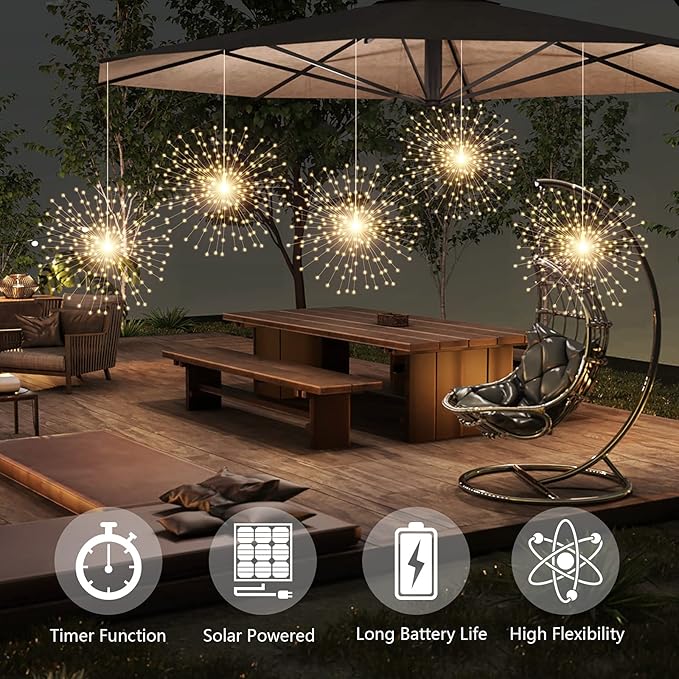 5 Pack Solar Starburst Sphere Lights 200 LED Firework Light 8 Modes Dimmable Waterproof Hanging Copper Wire Fairy Light for Patio Parties Halloween Christmas Decor (Warm White)