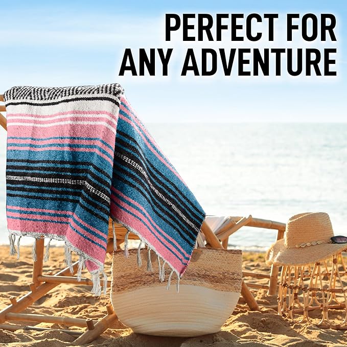 Hydration Nation Authentic Large Handwoven Mexican Striped Throw Blanket - Soft Durable Eco-Friendly - 70x50 - Cotton Candy