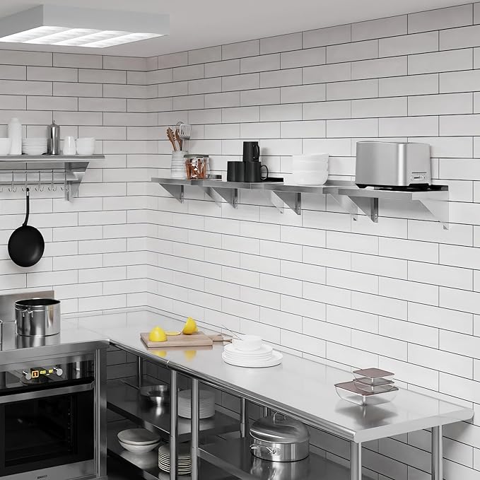 AmGood 08 Width x 16 Length | Stainless Steel Wall Shelf | Square Edge | Metal Shelving | Heavy Duty | Commercial Grade | Wall Mount | NSF Certified