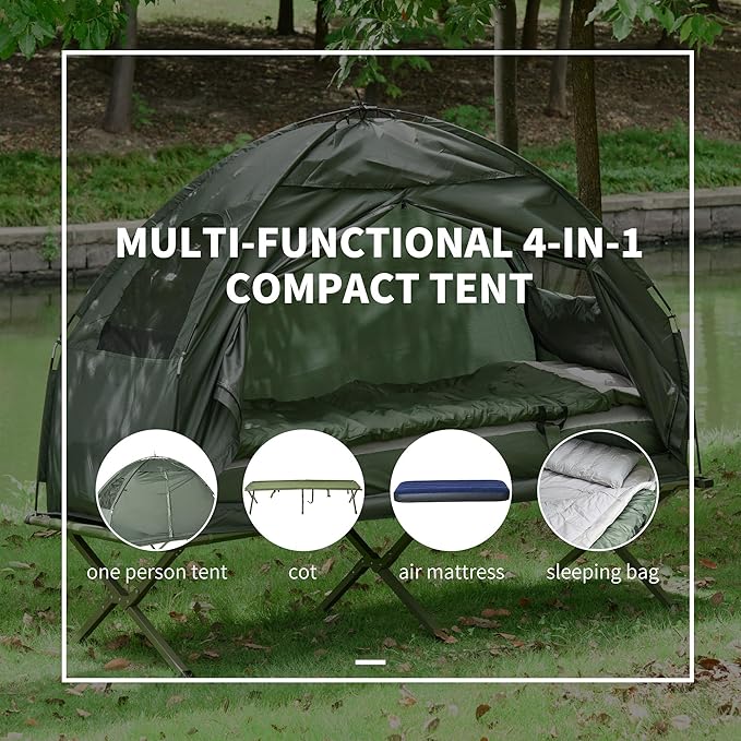 6-in-1 All-in-One Camping Tent with Cot and Air Mattress Portable Outdoor Sleeping System with Pump Pillow &amp Sleeping Bag Waterproof Elevated Camping Bed Combo for Adults and Travel