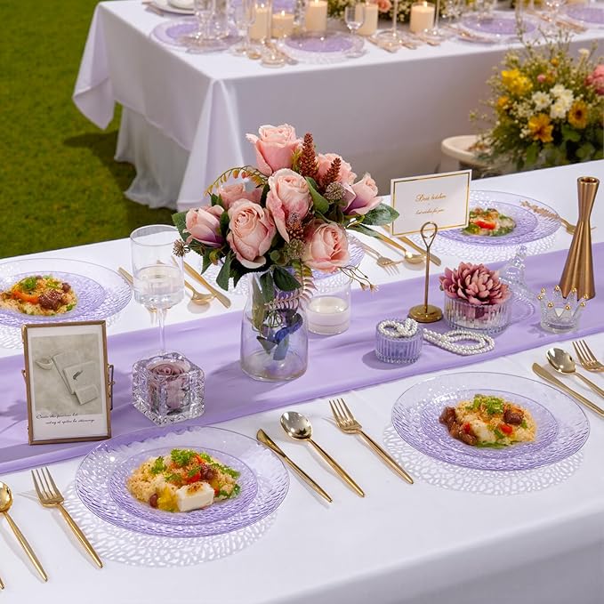 Rubtlamp 60PCS Purple Plastic Plates Purple Disposable Party Plates Heavy Duty Plastic With Hammered Fancy Disposable Platos Include 30 Dinner Plate 30 Cake Plate For Parties Wedding