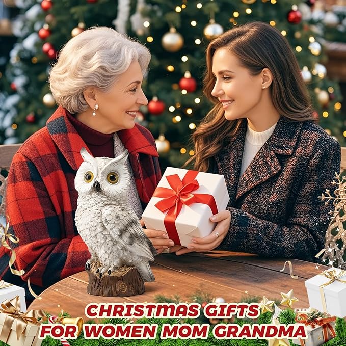 Solar Owl Garden Statues Outdoor Decor Resin Owl Figurine with LED Lights Owl Sculpture for Porch Patio Lawn Yard Decorations Christmas Housewarming Gifts for Women MomWhite Owl