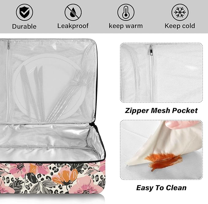 Casserole Carrier Pink and Orange FlowerInsulated Casserole Carrier for Hot or Cold Food Thermal Lunch Tote for Potluck Parties Picnic Beach Fits 9 x 13 Inches Baking Dish