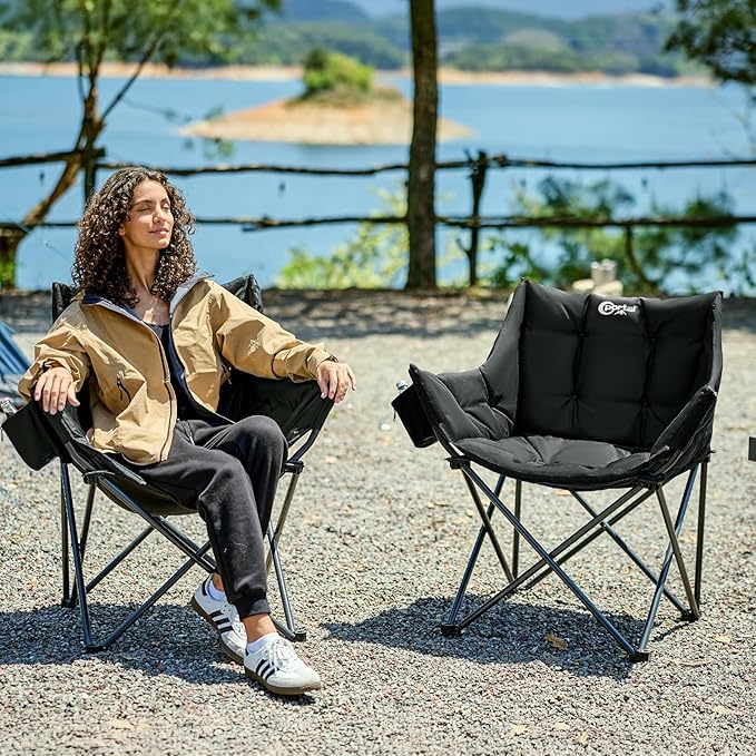 Portal Oversized Padded Camping Chair - Heavy Duty Folding Chair with Cup Holder &amp Side Pocket Supports 330 lbs for Camping Lawn Sports Black