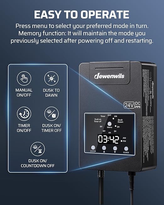 DEWENWILS 120W Low Voltage Landscape Transformer with Timer &amp Photocell Sensor 120V AC to 24V DC Low Voltage Transformer Weatherproof Landscape Lighting Transformer for Garden Lights Pathway Lig