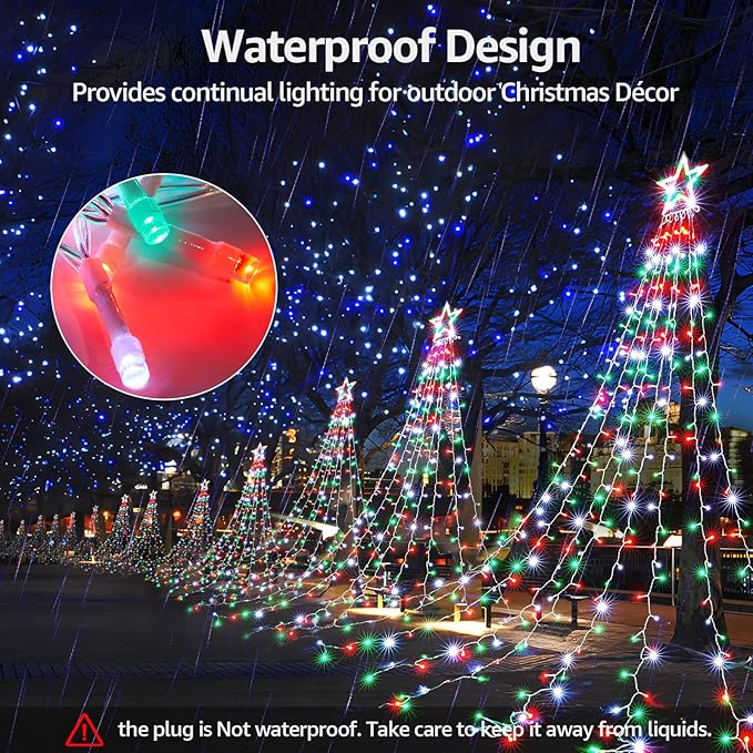 BlcTec Outdoor Christmas Lights 344 LED Christmas Star Lights with 9 Strands 11.9ft Waterfall Tree Lights 8 Modes Waterproof &amp Timer for Garden Yard Patio Outdoor Xmas DecorationsRed Green Whit