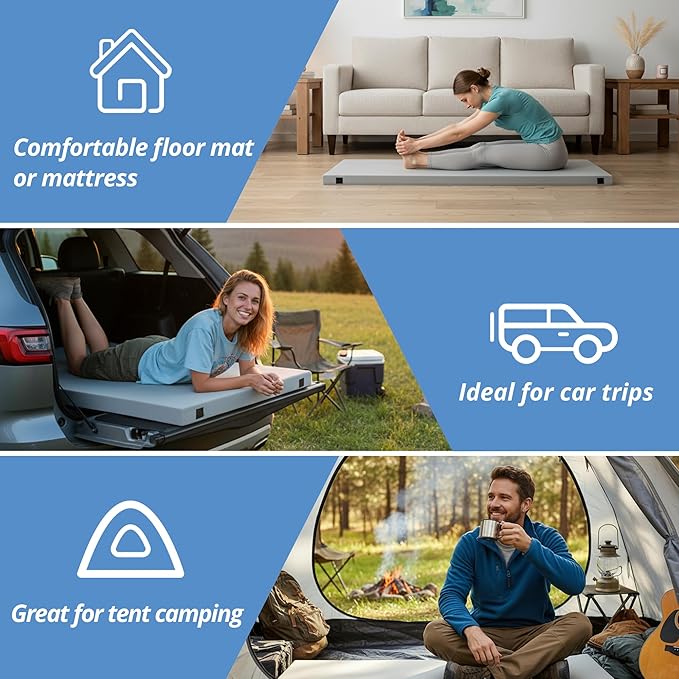 EGOHOME Memory Foam Camping Mattress 2.5 inch Portable Roll Up Camping Sleep Topper with Waterproof and Non-Slip Bottom Camping Car Mat with Travel Bag Grey
