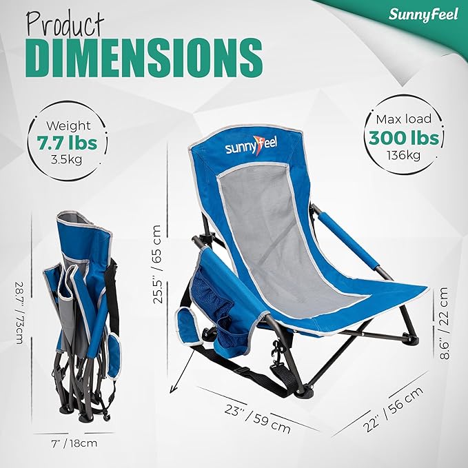 SUNNYFEEL Folding Low Camping Beach Chair 2 Pack Lightweight Portable Lawn Chair with Mesh Back Cup Holder for Outdoor/Travel/Picnic/Concert Foldable Camp Backpack Chair with Carry Bag