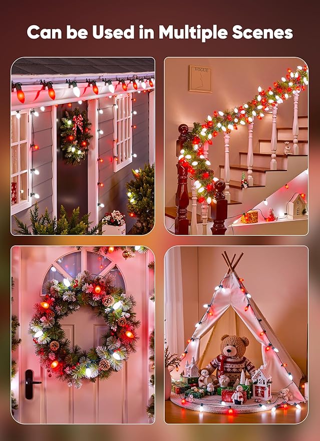 C9 LED Christmas Lights Outdoor 50 Feet String with 50 Shatterproof Matte Bulbs Connectable Waterproof Tree Lights for Holiday Roofline Backyard Garden Decor Red &amp Pure White